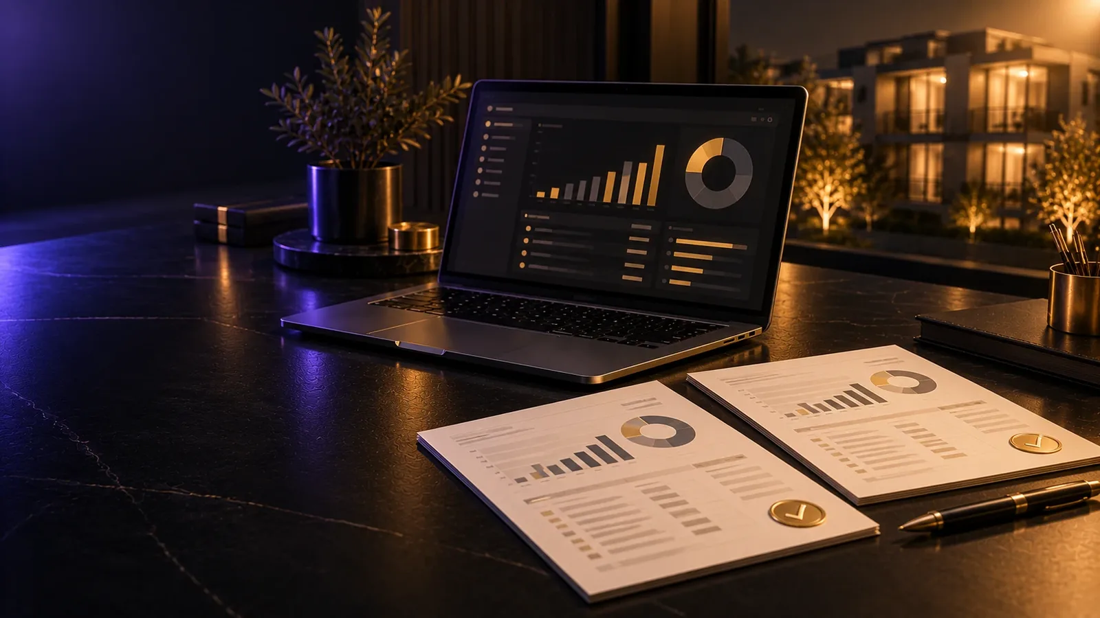 Laptop mit Buchhaltungsauswertung und zwei geprüfte Abrechnungsbögen mit goldenem Haken auf dunklem Schreibtisch – prüffähige WEG-Jahresabrechnung nach Musterabrechnung 3.0