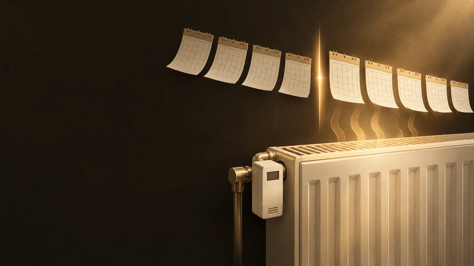 Illustration: Heizkörper mit Heizkostenverteiler und Kalenderblättern