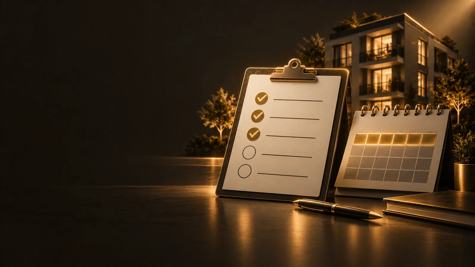 Illustration: Klemmbrett mit abgehakter Checkliste und Kalender Januar bis Juni
