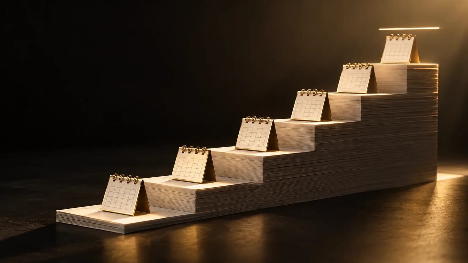 Illustration: Treppe aus Papierstufen mit goldenen Kalenderblättern, darüber eine goldene Grenzlinie