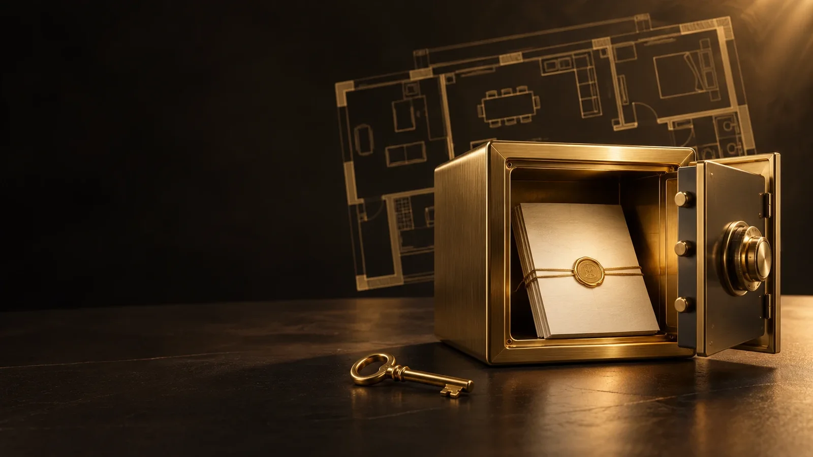 Illustration: Kleiner goldener Tresor mit geöffneter Tür, darin ein gesiegeltes Papier, daneben ein Schlüssel