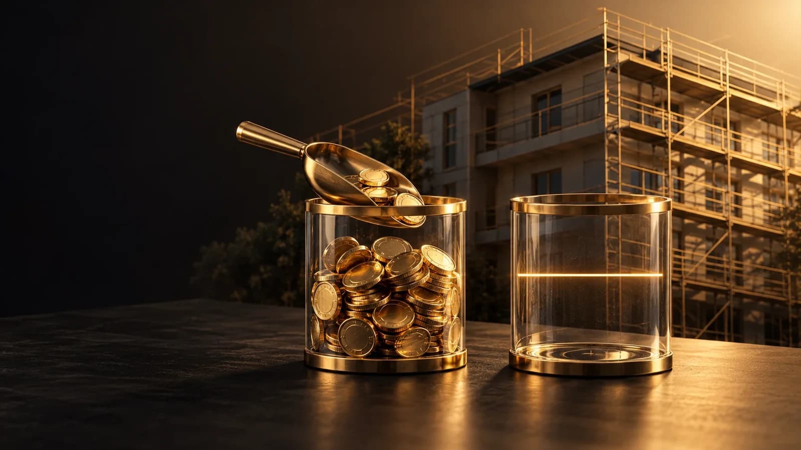 Illustration: Zwei Glasbehälter, links mit goldenen Münzen und einer entnommenen Schale, rechts leer mit goldener Markierung; im Hintergrund eine Fassade mit Gerüst
