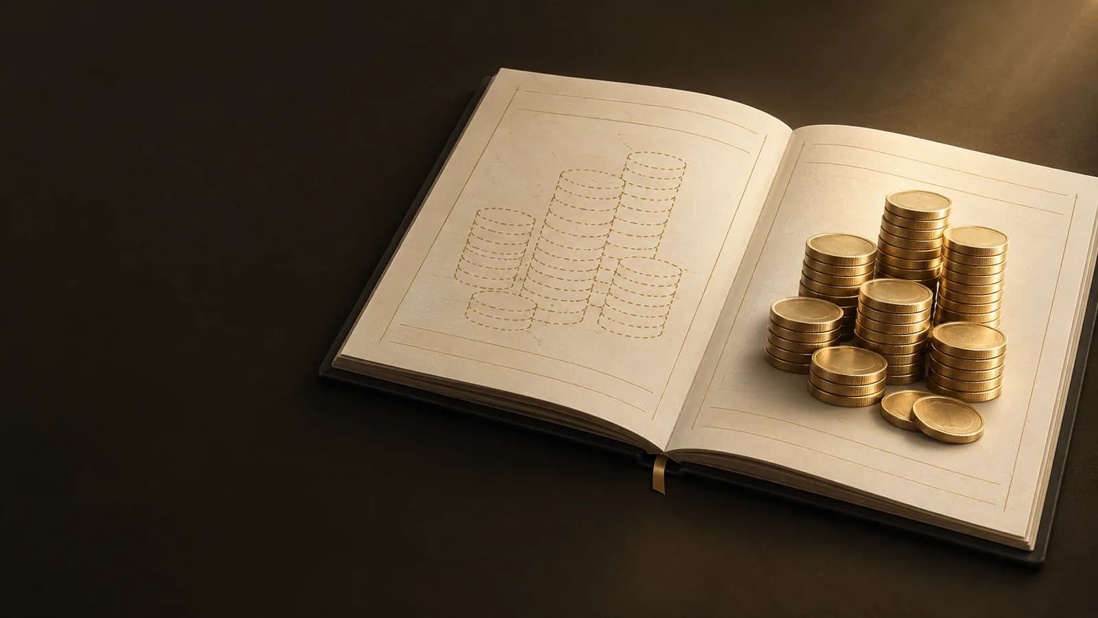 Illustration: Kassenbuch mit tatsächlichen und geplanten Münzstapeln