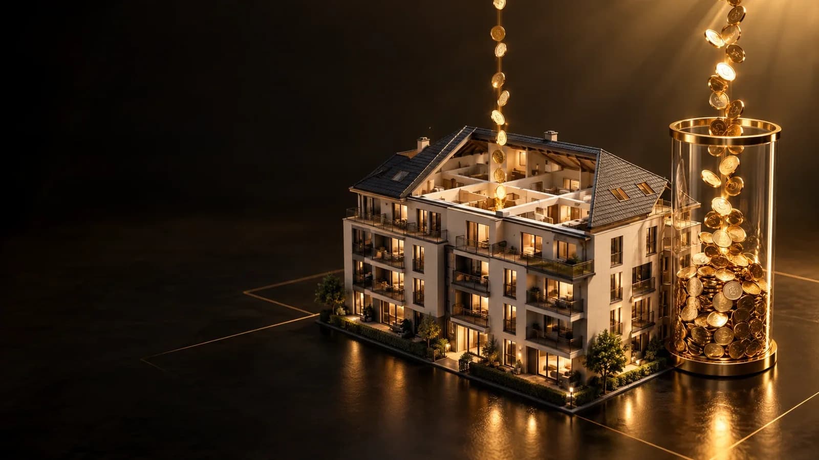 Illustration: Modellhaus mit offenem Dach, darüber ein goldener Münzstapel, der in eine separate Glasröhre fließt