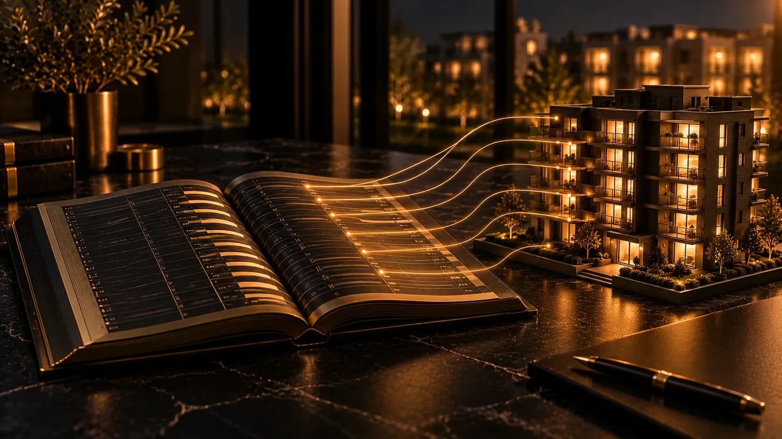 Illustration: Aufgeschlagenes Hauptbuch auf dunklem Marmor, aus dessen Zeilen goldene Lichtlinien zu einzelnen Wohnungen eines beleuchteten Hausmodells führen