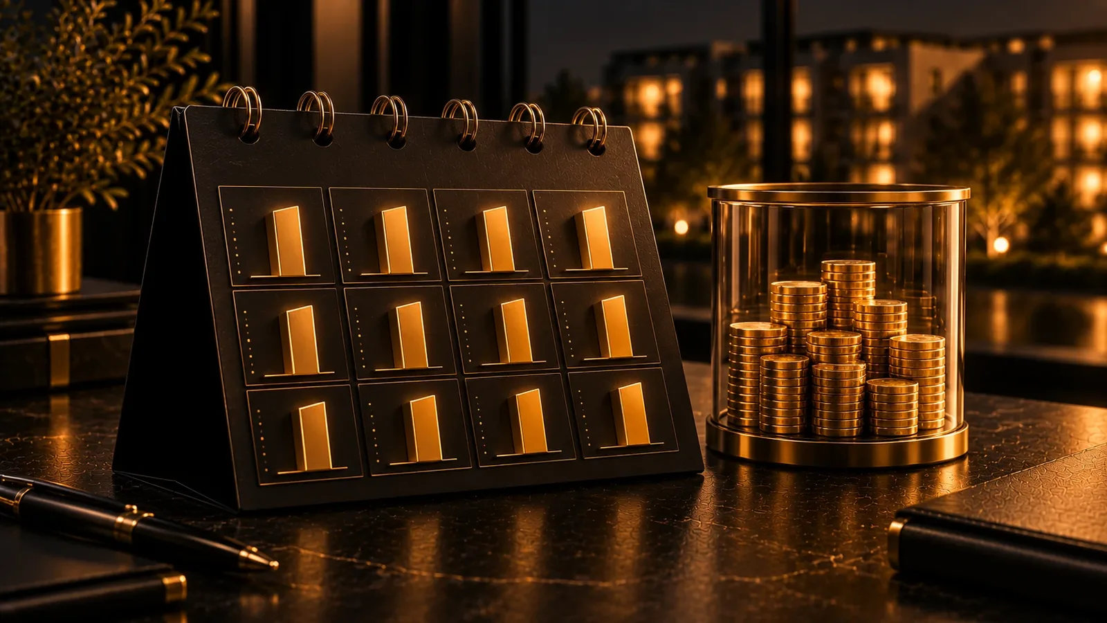 Illustration: Tischkalender mit zwölf gleich hohen goldenen Säulen als Monatsvorschüsse, daneben ein Glasbehälter mit goldenen Münzstapeln als Rücklage